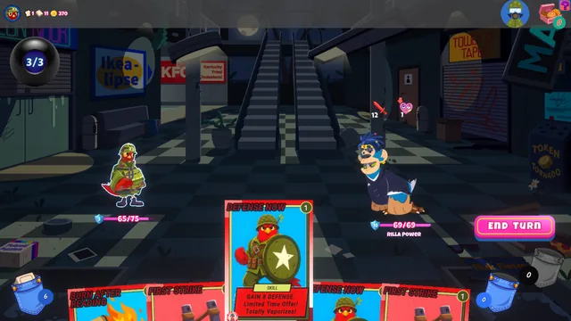 Mall Mayhem card battle between Crimson Claw and Rilla Power, with health, defense, and the player’s hand visible.