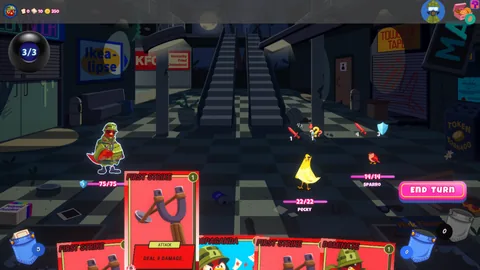 Mall Mayhem battle showing an attack card selected from the player’s hand.
