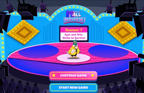 Mall Mayhem main menu with a brightly lit game-show stage and buttons to start or continue a game.
