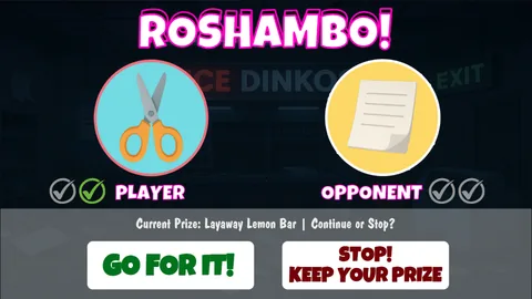 Mall Mayhem Roshambo game with rock-paper-scissors results and options to continue or keep the current prize.