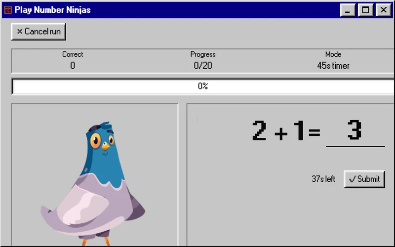 Number Ninjas addition challenge with a pigeon character, answer field, timer, and progress tracker.