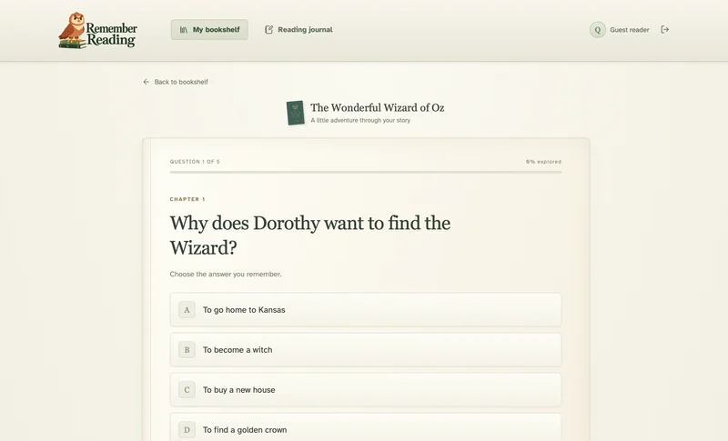 Remember Reading multiple-choice question about Dorothy in The Wonderful Wizard of Oz, with a reading progress bar.