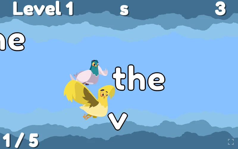 Word Warriors gameplay with flying pigeon characters, the word “the”, and level progress against a blue sky.